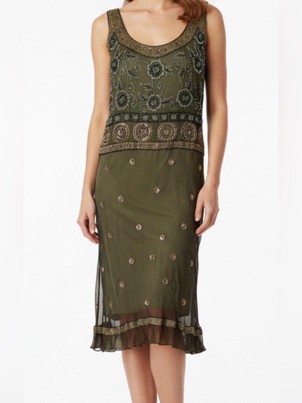 Vintage 100% Silk Beaded Y2K Art Deco Midi Dress Size 6 Marina